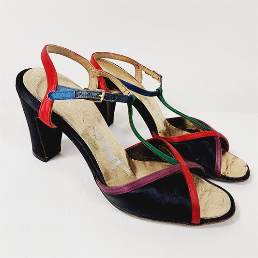 Vintage DeLiso Open Toed Colorblock Strappy Sandals Block Heels Size 7