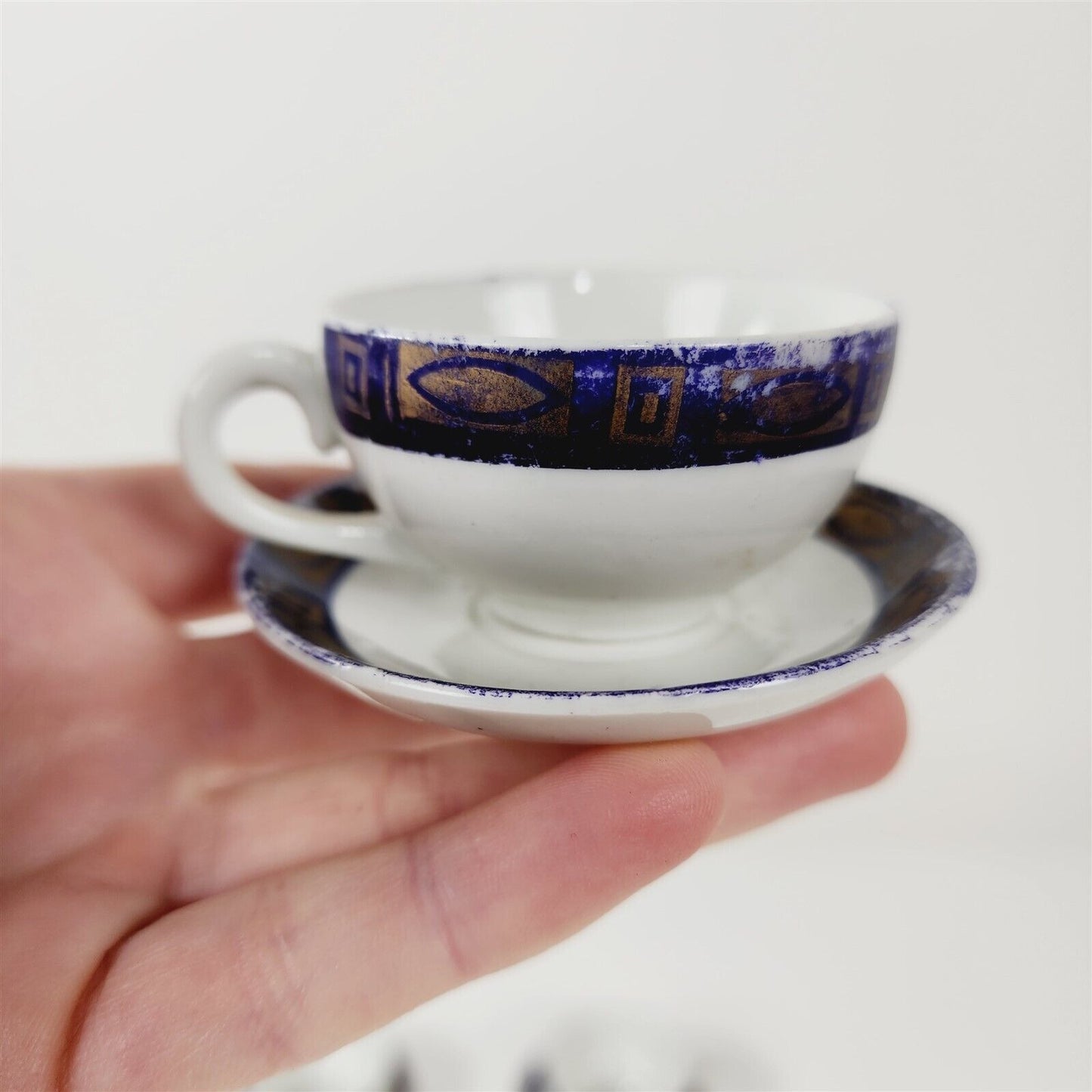 Vintage 10 Piece Ceramic Childs Tea Set Cups Plates Blue Gold & White