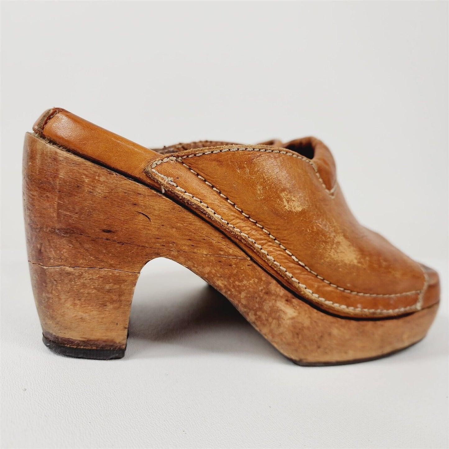 Vintage Red Hot 1970s Leather & Wood Mule Block Heels Size 5.5