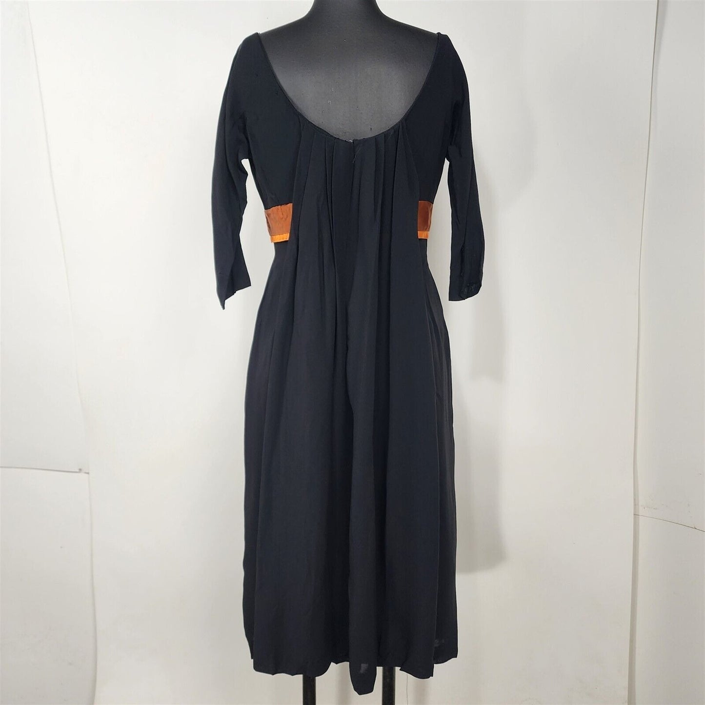 Vintage 1960s Black Crepe 3/4 Sleeve Dress with Orange Accent