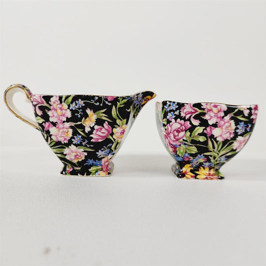 Vintage Royal Winton Grimwades Creamer & Sugar Bowl Set Black Floral - 2 1/2"