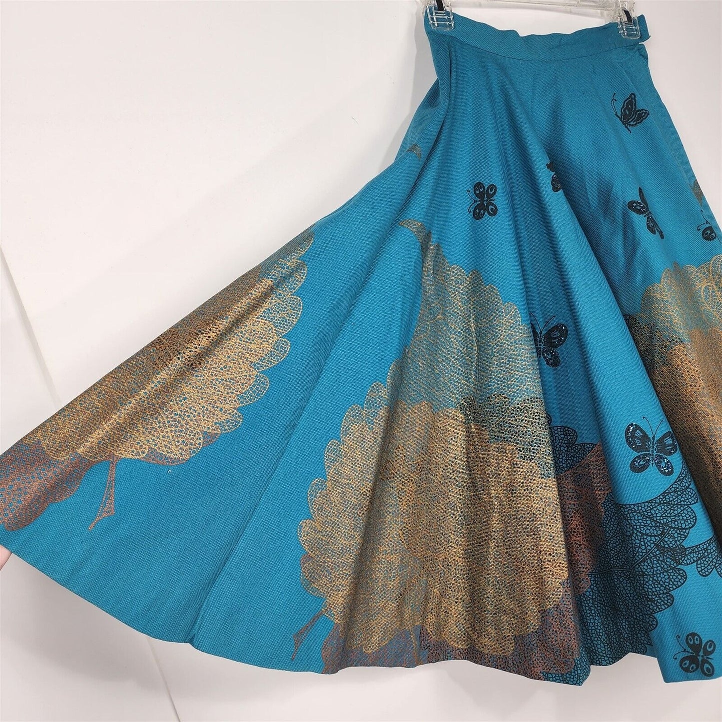 Vintage 1950s Jay Original Blue Sparkle Butterfly Gold Leaf Full Circle Skirt