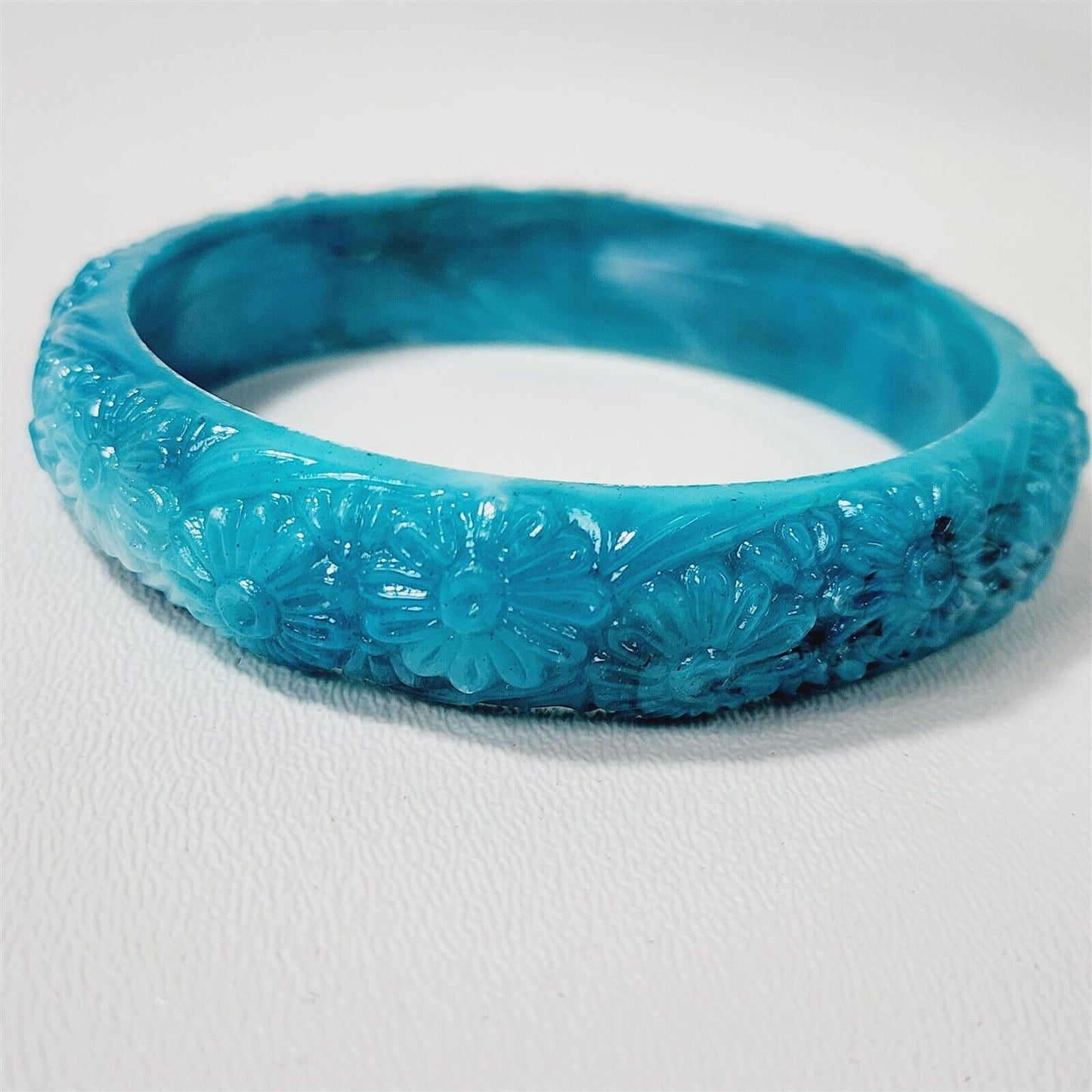 Vintage 1970s Blue Floral Molded Plastic End of Day Swirl Bangle Bracelet