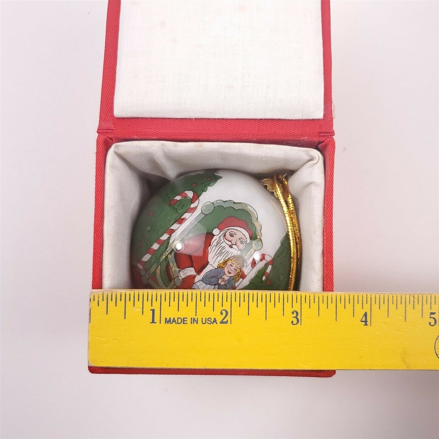 Sitting on Santa's Lap Reverse Hand Painted Christmas Tree Ornament 3" 1998